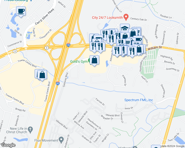 map of restaurants, bars, coffee shops, grocery stores, and more near 34 Seneca Terrace in Fredericksburg