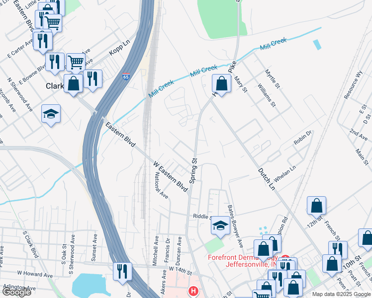 map of restaurants, bars, coffee shops, grocery stores, and more near 105 Magnolia Avenue in Jeffersonville