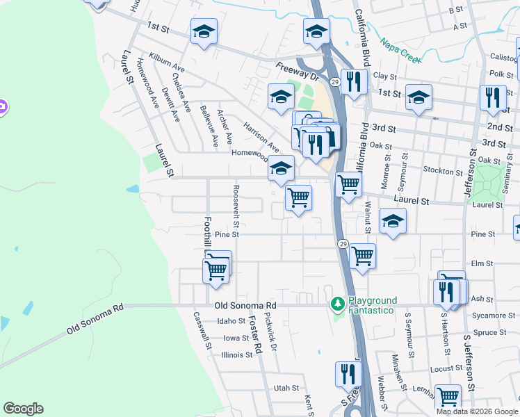 map of restaurants, bars, coffee shops, grocery stores, and more near 2733 Cypress Street in Napa