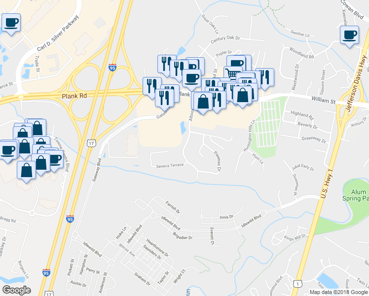 map of restaurants, bars, coffee shops, grocery stores, and more near 308 Altoona Drive in Fredericksburg