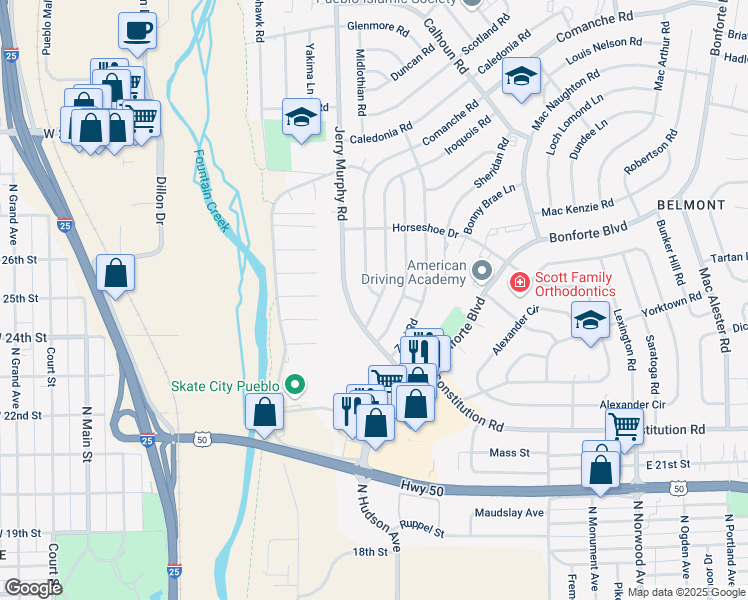 map of restaurants, bars, coffee shops, grocery stores, and more near 1508 Iroquois Road in Pueblo