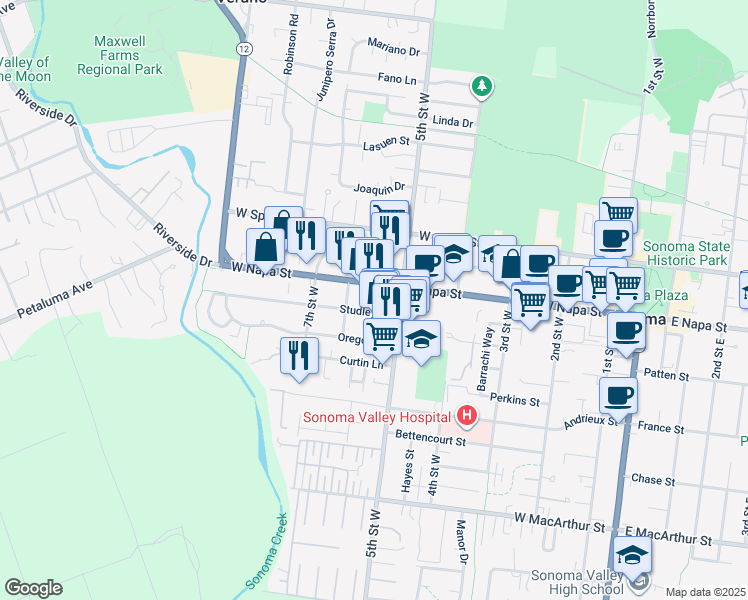 map of restaurants, bars, coffee shops, grocery stores, and more near 530 Studley Street in Sonoma