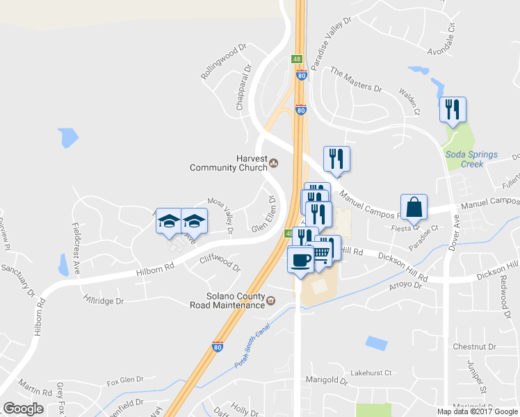 map of restaurants, bars, coffee shops, grocery stores, and more near 3458 Morning Brook Court in Fairfield