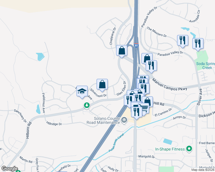 map of restaurants, bars, coffee shops, grocery stores, and more near 3417 Moss Valley Drive in Fairfield