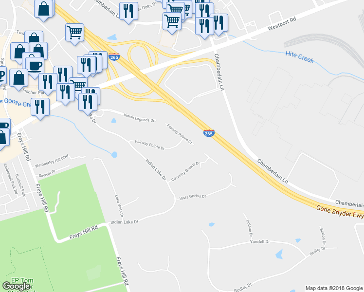map of restaurants, bars, coffee shops, grocery stores, and more near 11026 Fairway Pointe Drive in Louisville