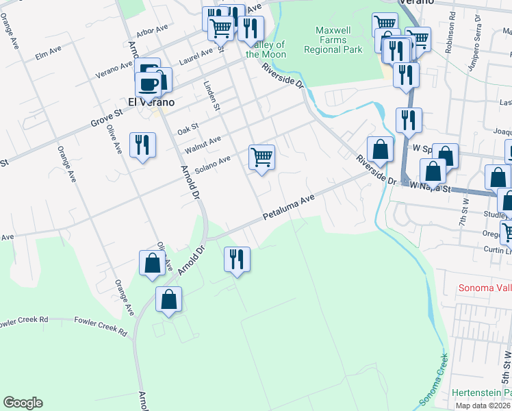 map of restaurants, bars, coffee shops, grocery stores, and more near 19388 Linden Street in Sonoma