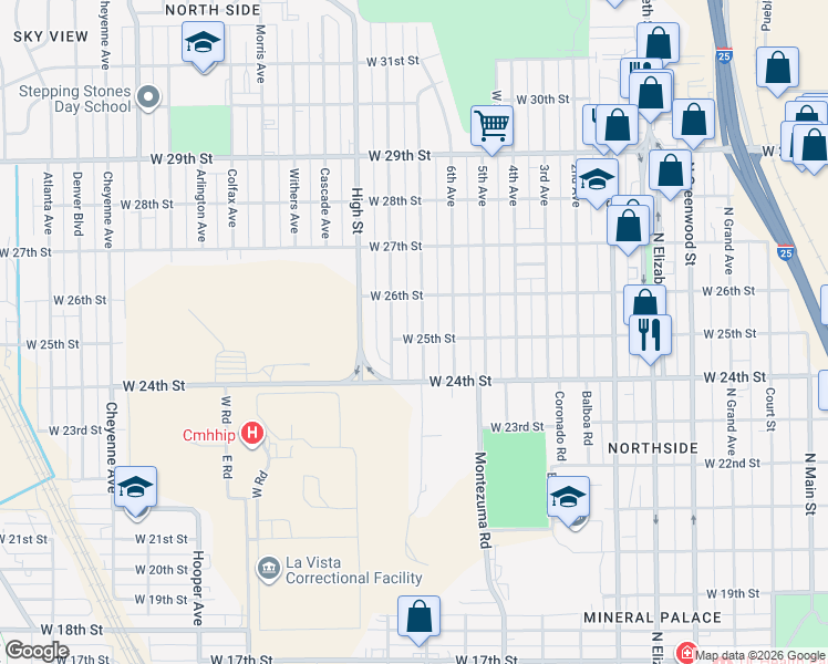 map of restaurants, bars, coffee shops, grocery stores, and more near 2422 8th Avenue in Pueblo