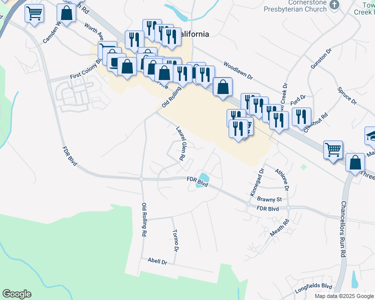 map of restaurants, bars, coffee shops, grocery stores, and more near 22760 Laurel Glen Road in California