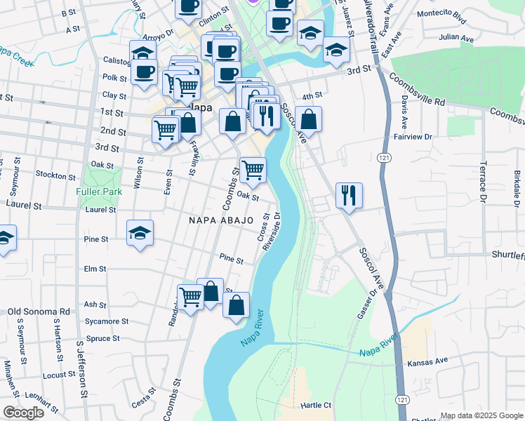 map of restaurants, bars, coffee shops, grocery stores, and more near 423 Cross Street in Napa
