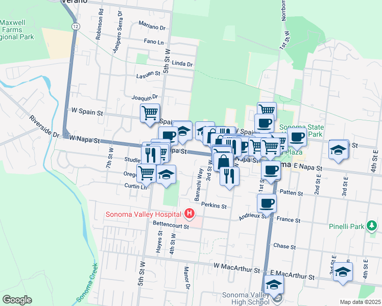map of restaurants, bars, coffee shops, grocery stores, and more near 336 Banchero Street in Sonoma