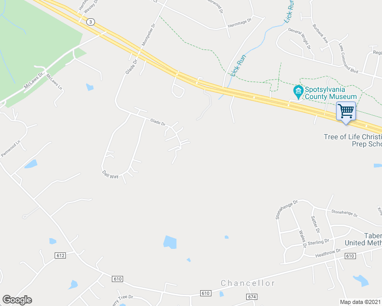 map of restaurants, bars, coffee shops, grocery stores, and more near 12201 Glade Drive in Fredericksburg