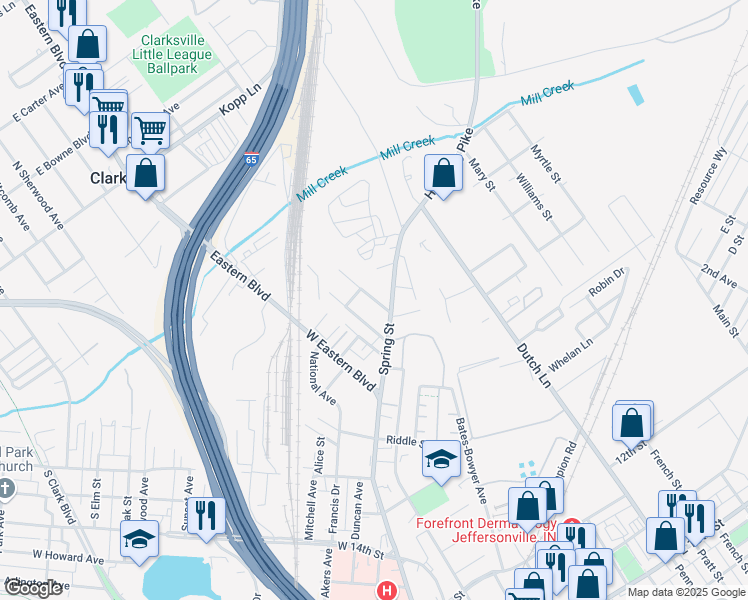 map of restaurants, bars, coffee shops, grocery stores, and more near 109 Magnolia Avenue in Jeffersonville