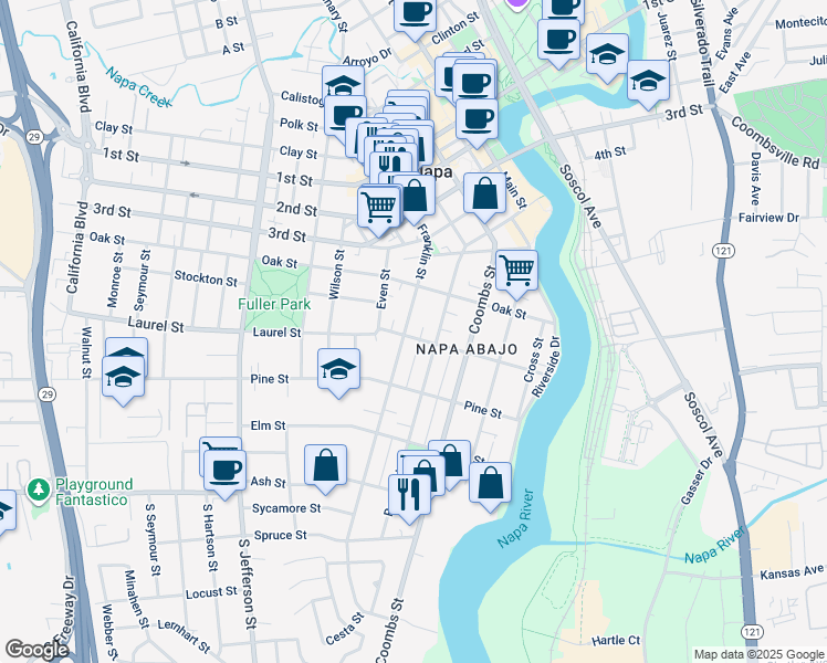 map of restaurants, bars, coffee shops, grocery stores, and more near 406 Franklin Street in Napa