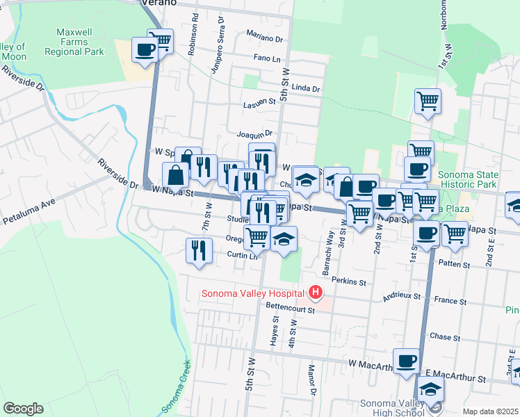 map of restaurants, bars, coffee shops, grocery stores, and more near 530 Studley Street in Sonoma