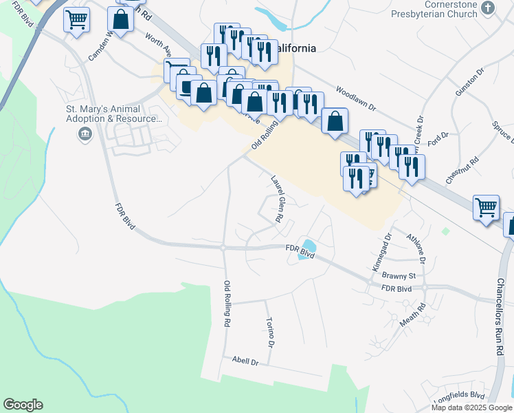 map of restaurants, bars, coffee shops, grocery stores, and more near 45256 Woodstown Way in California