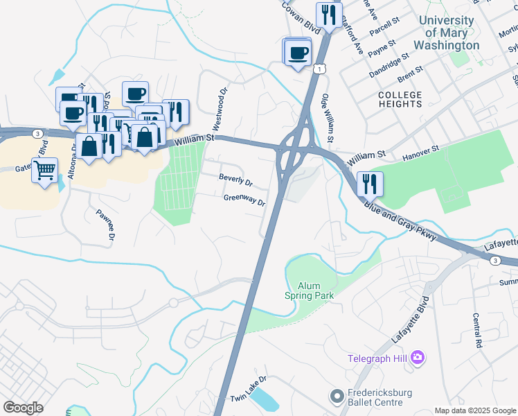 map of restaurants, bars, coffee shops, grocery stores, and more near 1700 Greenway Drive in Fredericksburg