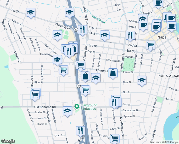 map of restaurants, bars, coffee shops, grocery stores, and more near 491 Monroe Street in Napa