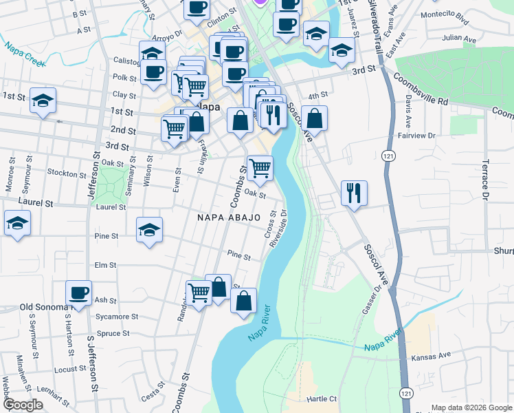 map of restaurants, bars, coffee shops, grocery stores, and more near 472 Brown Street in Napa