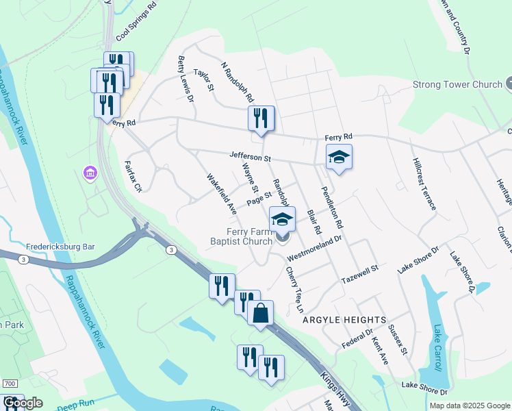 map of restaurants, bars, coffee shops, grocery stores, and more near 17 Page Street in Fredericksburg