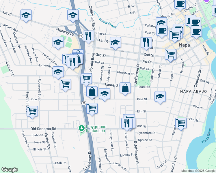 map of restaurants, bars, coffee shops, grocery stores, and more near 456 Seymour Street in Napa