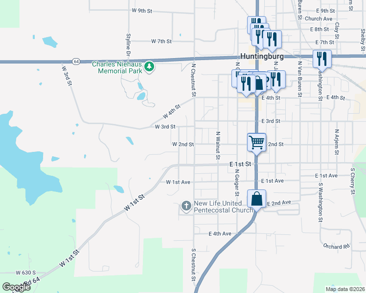 map of restaurants, bars, coffee shops, grocery stores, and more near 106 North Sycamore Street in Huntingburg