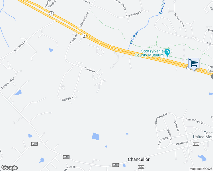map of restaurants, bars, coffee shops, grocery stores, and more near 12201 Glade Drive in Fredericksburg