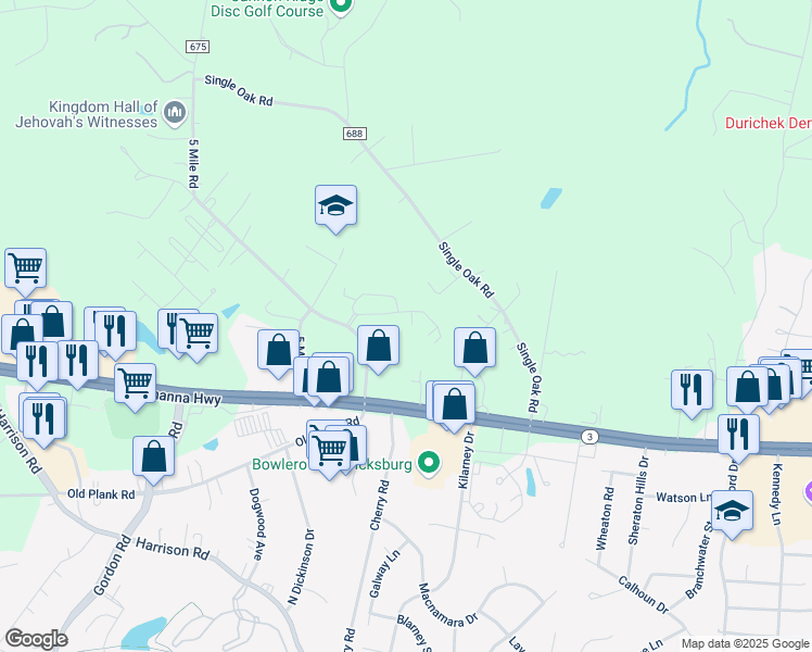 map of restaurants, bars, coffee shops, grocery stores, and more near 6238 Autumn Leaf Drive in Fredericksburg
