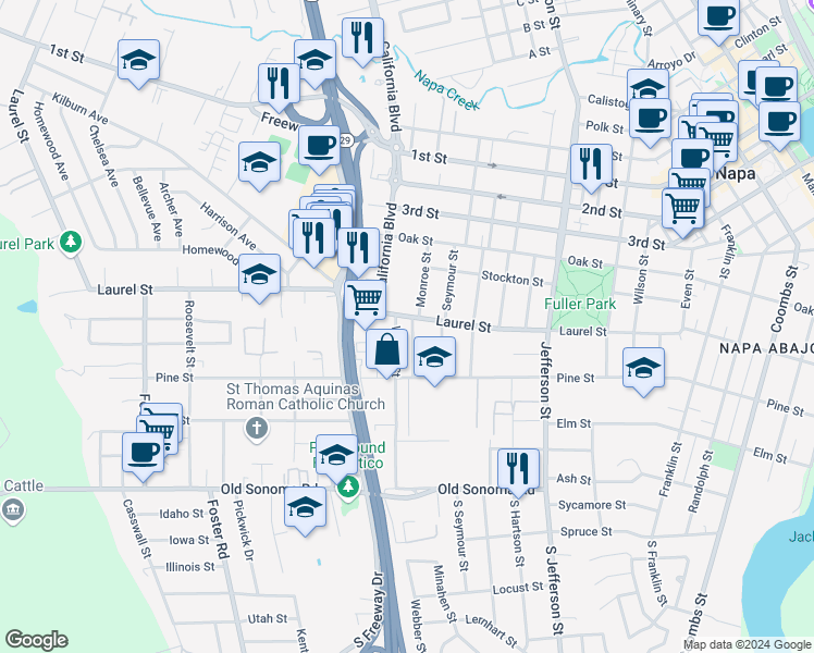 map of restaurants, bars, coffee shops, grocery stores, and more near 519 Monroe Street in Napa
