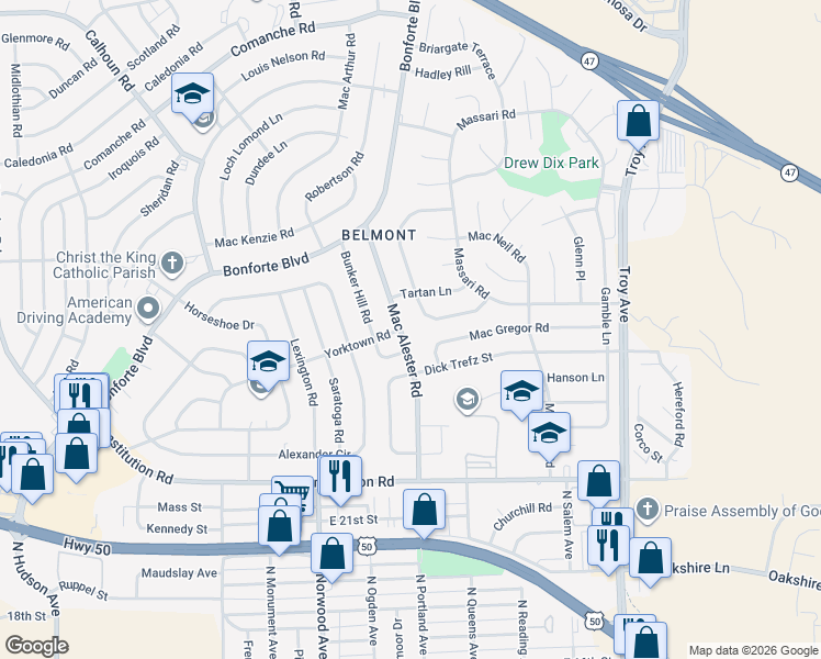 map of restaurants, bars, coffee shops, grocery stores, and more near 29 Normandy Circle in Pueblo