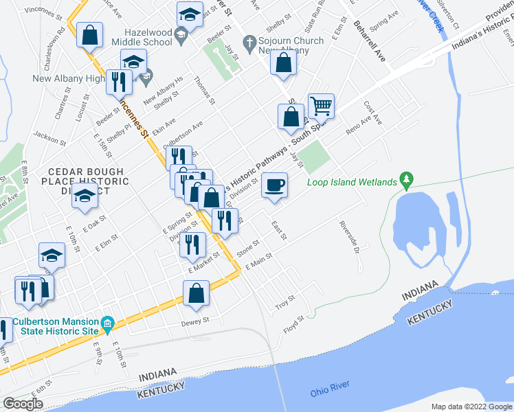 map of restaurants, bars, coffee shops, grocery stores, and more near 1817 East Market Street in New Albany