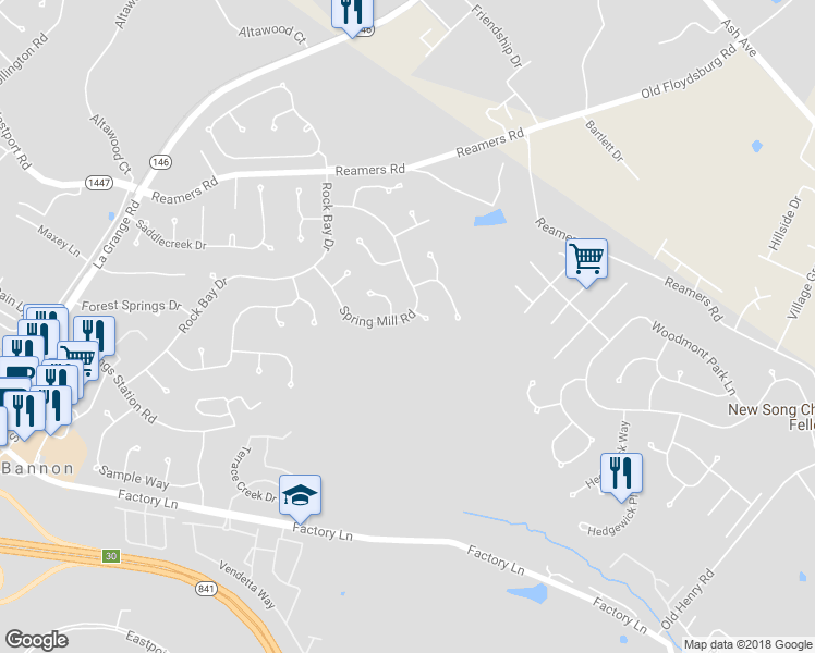 map of restaurants, bars, coffee shops, grocery stores, and more near 14032 Spring Mill Road in Louisville