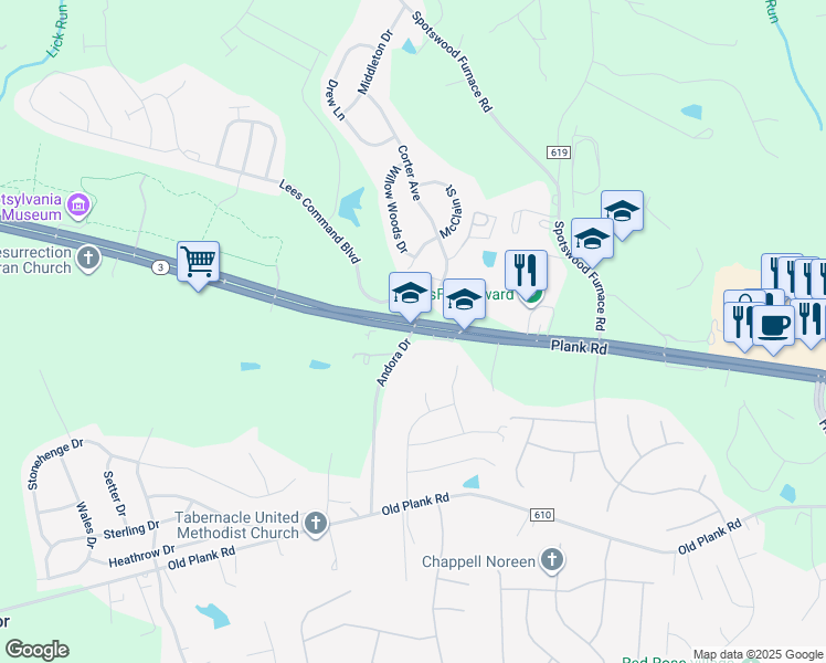 map of restaurants, bars, coffee shops, grocery stores, and more near 12507 Andora Drive in Fredericksburg