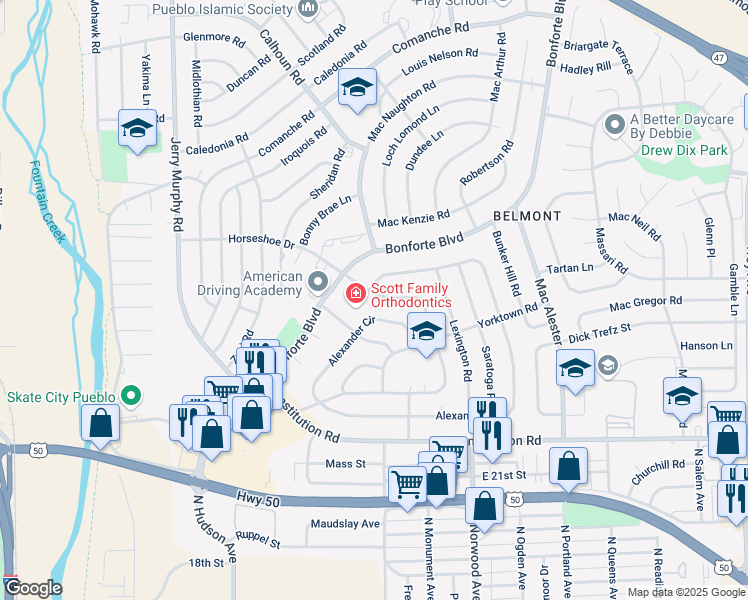 map of restaurants, bars, coffee shops, grocery stores, and more near 1633 Horseshoe Drive in Pueblo
