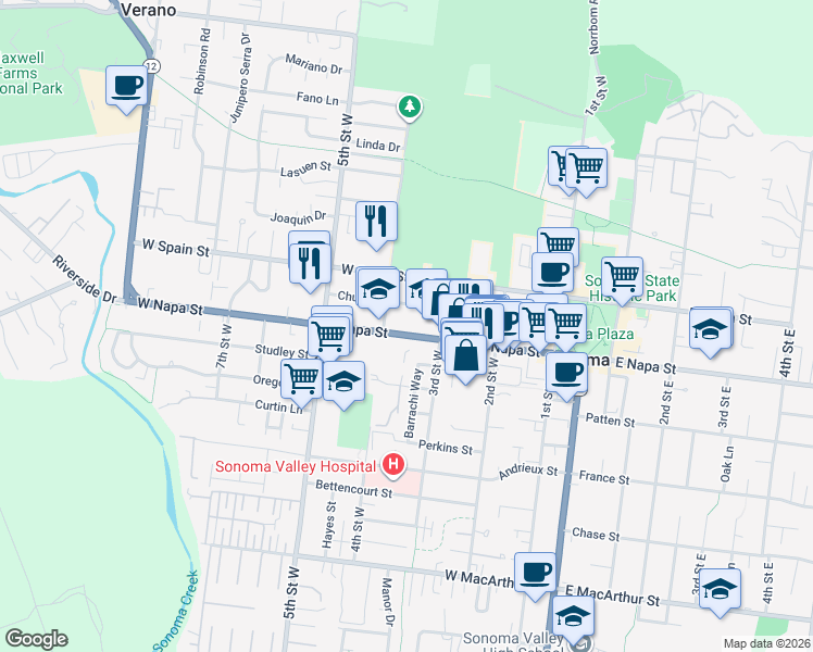 map of restaurants, bars, coffee shops, grocery stores, and more near 342 Church Street in Sonoma
