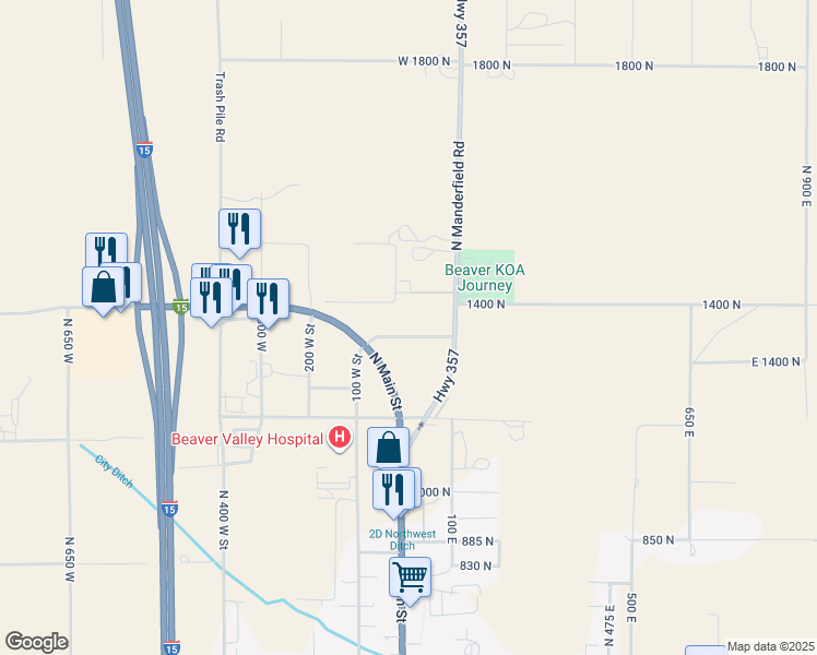 map of restaurants, bars, coffee shops, grocery stores, and more near Elm Tree Lane in Beaver