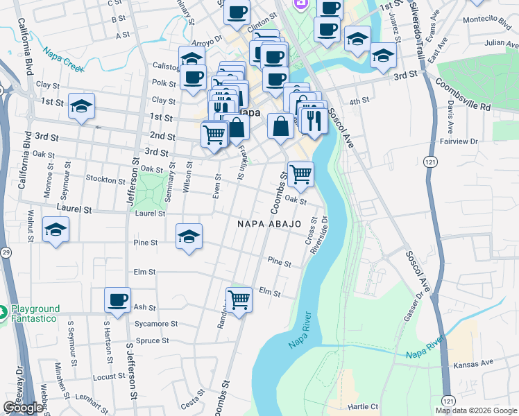 map of restaurants, bars, coffee shops, grocery stores, and more near 492 Randolph Street in Napa