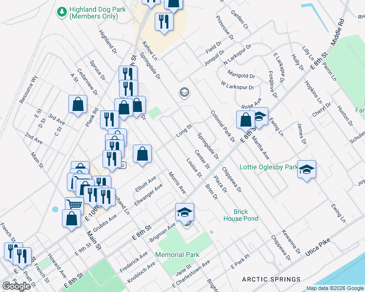 map of restaurants, bars, coffee shops, grocery stores, and more near 42 Louise Street in Jeffersonville