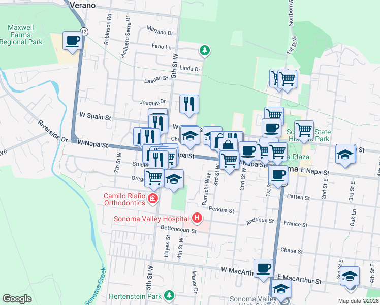 map of restaurants, bars, coffee shops, grocery stores, and more near 457 4th Street West in Sonoma