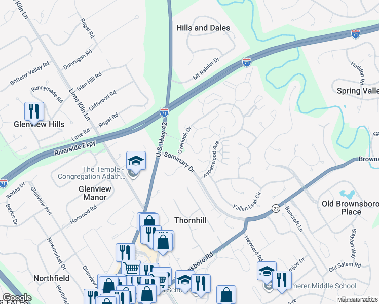 map of restaurants, bars, coffee shops, grocery stores, and more near 6811 Steeprun Road in Louisville