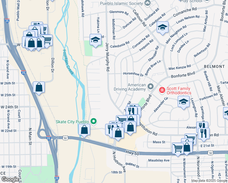 map of restaurants, bars, coffee shops, grocery stores, and more near 1605 Iroquois Road in Pueblo