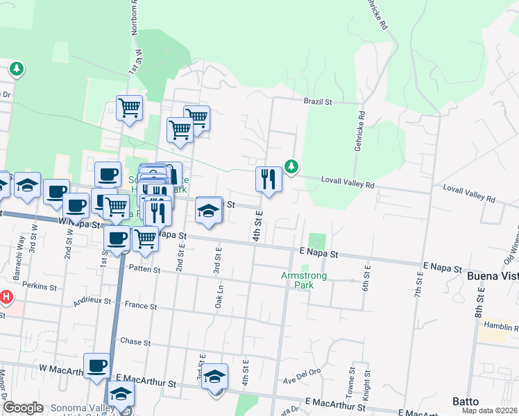 map of restaurants, bars, coffee shops, grocery stores, and more near 513 East Spain Street in Sonoma