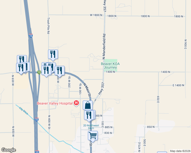 map of restaurants, bars, coffee shops, grocery stores, and more near Elm Tree Lane in Beaver