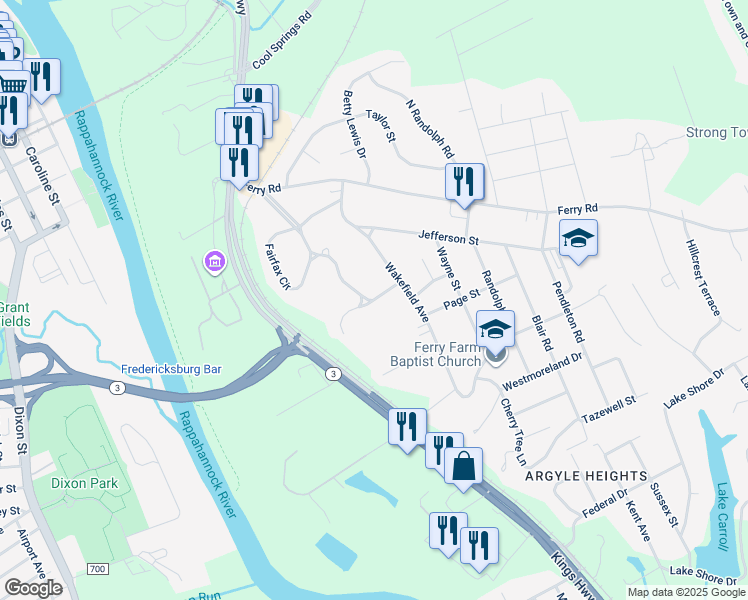 map of restaurants, bars, coffee shops, grocery stores, and more near 6 Nelson Street in Fredericksburg