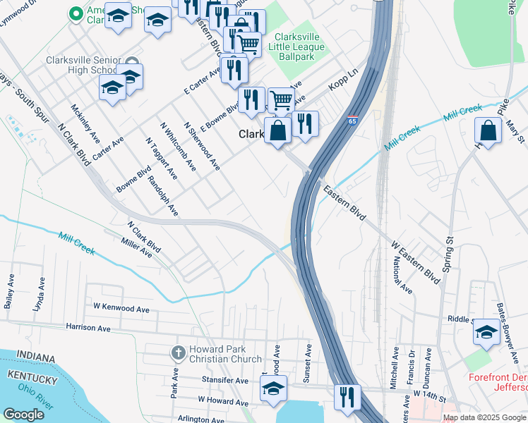 map of restaurants, bars, coffee shops, grocery stores, and more near 316 North Sherwood Avenue in Clarksville