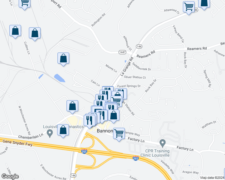 map of restaurants, bars, coffee shops, grocery stores, and more near 12490 La Grange Road in Louisville