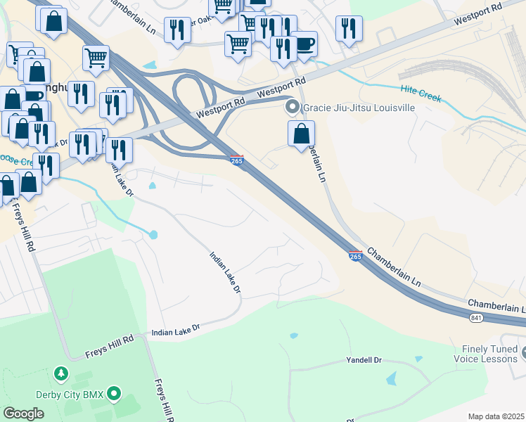 map of restaurants, bars, coffee shops, grocery stores, and more near 4805 Fairway Pointe Court in Louisville