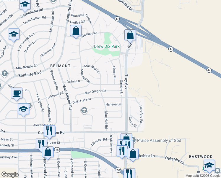 map of restaurants, bars, coffee shops, grocery stores, and more near 28-32 Massari Rd in Pueblo