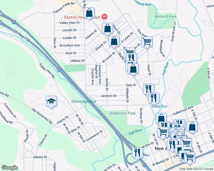 map of restaurants, bars, coffee shops, grocery stores, and more near 1100 Griffin Street in New Albany