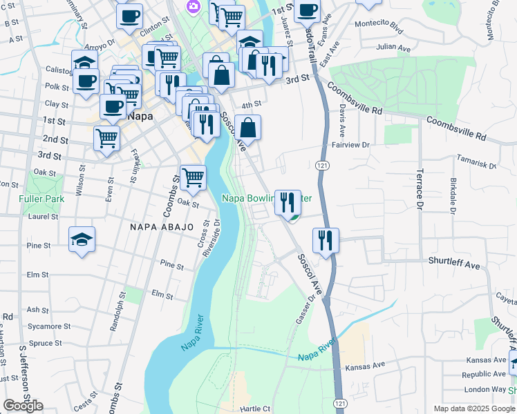 map of restaurants, bars, coffee shops, grocery stores, and more near 533 Soscol Avenue in Napa