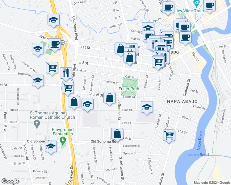 map of restaurants, bars, coffee shops, grocery stores, and more near 526 Madison Street in Napa